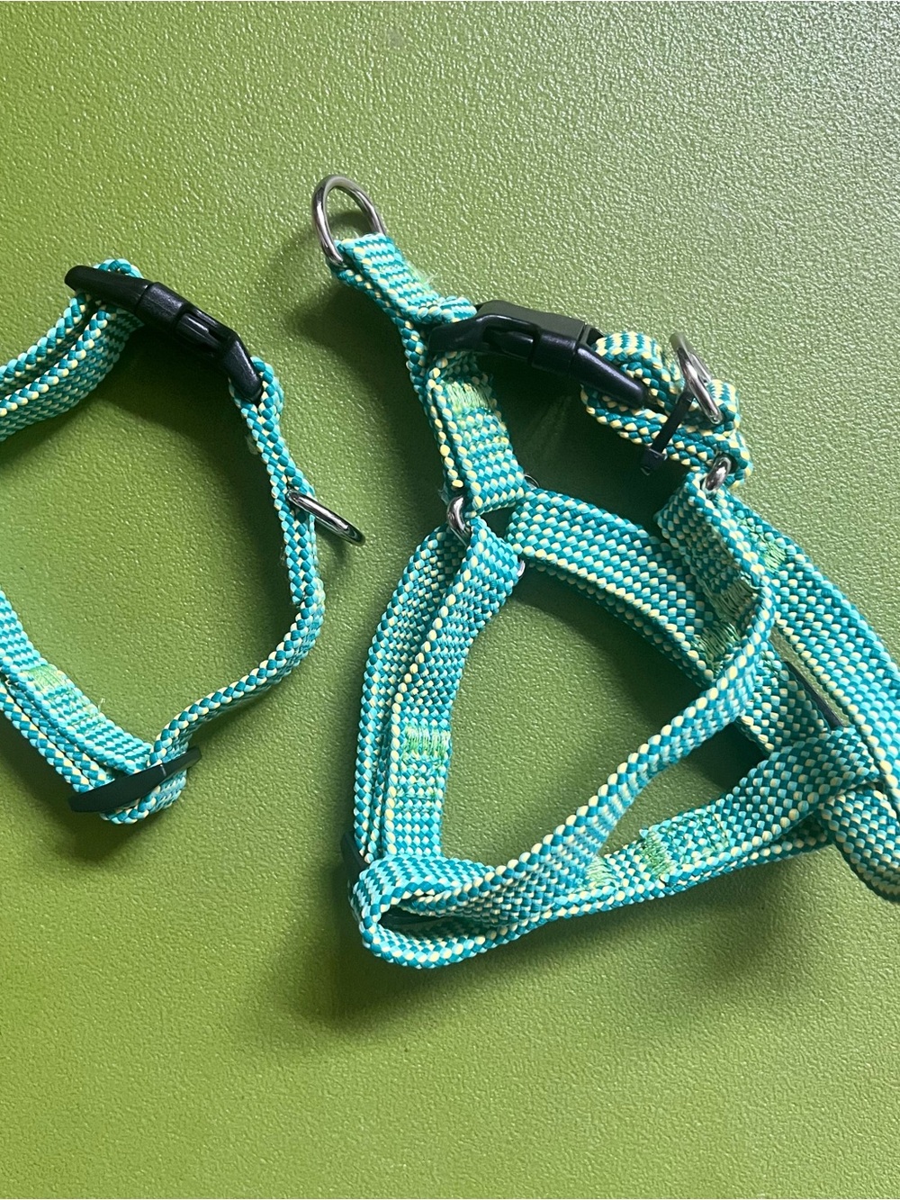 Colorful Woven yellow / green - small (1) harness & (2) collars